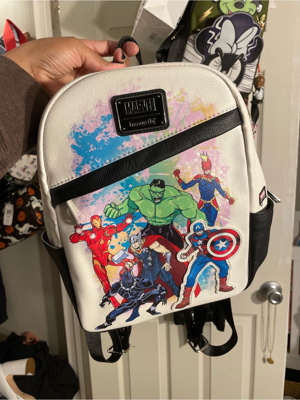 Loungefly Marvel Avengers White Backpack with Multicolor Heroes